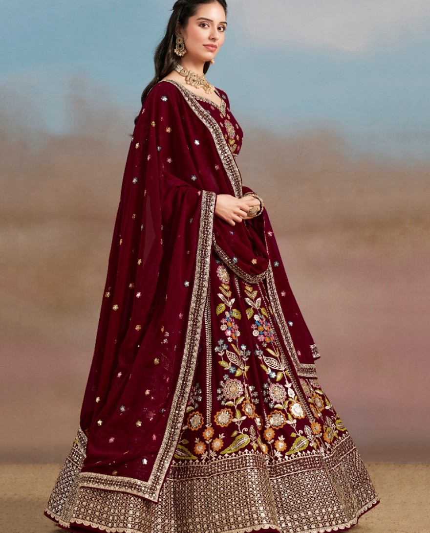 6008-Maroon - Stunning maroon Thread Work Georgette Engagement Wear Lehenga With Blouse